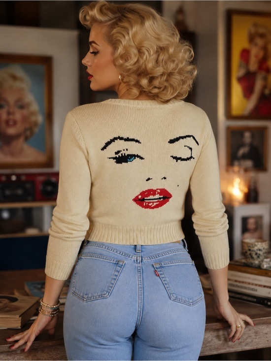 Betsey Johnson Sweaters - RARE Vintage Betsey Johnson Marilyn Monroe Wink Cropped  Sweater Cream sz L Y2K